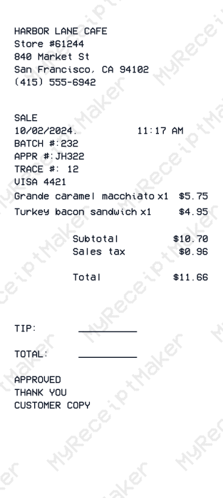 Harbor Lane Cafe Receipt