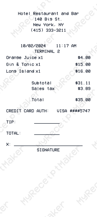 Hotel Restaurant and Bar Receipt