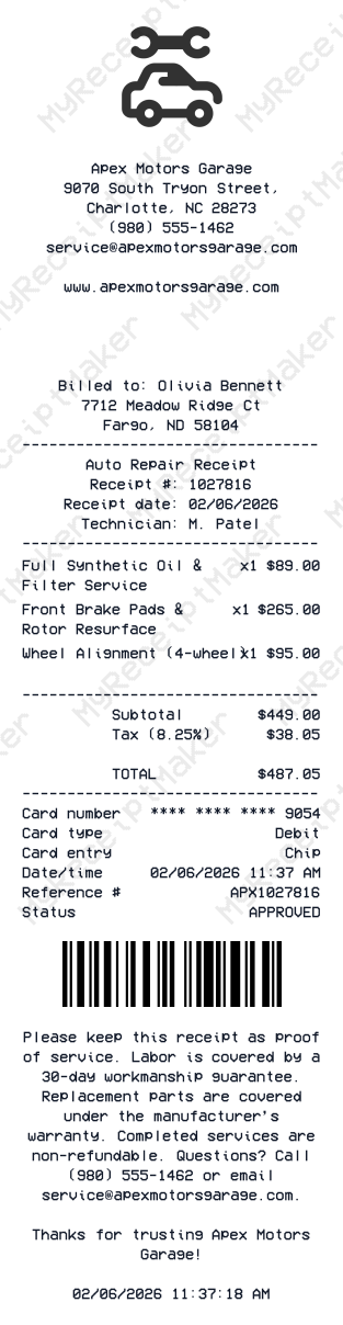 Auto Repair Receipt