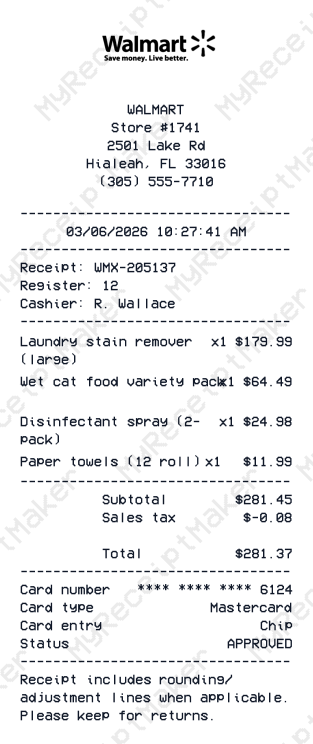 Walmart Receipt Example – Bulk Cleaning & Pet Supplies (Sample)