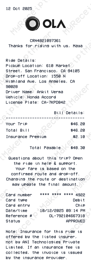 Ola Cab Receipt