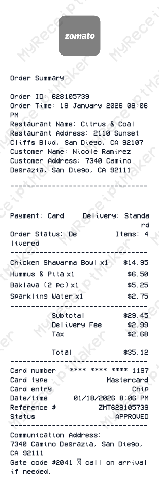 Zomato Receipt