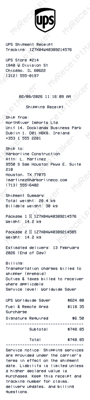 UPS Shipping Receipt