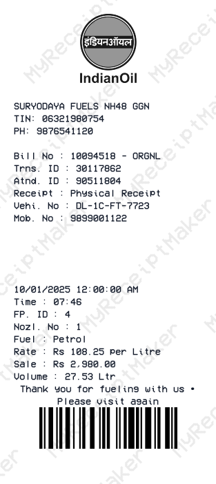 Indian Petrol Pump Receipt