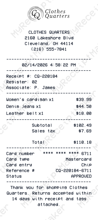 Clothes Quarters Receipt