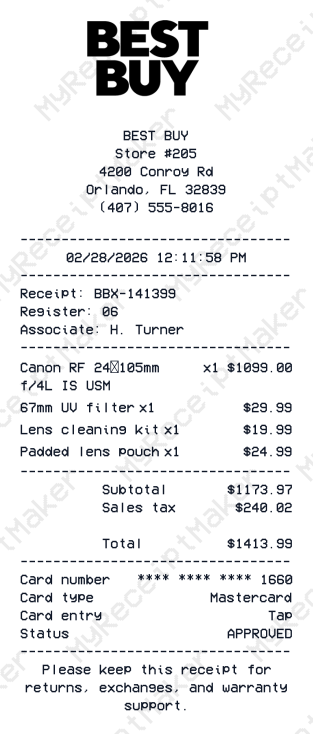 Best Buy Receipt Example – Canon RF 24–105mm Lens Bundle (Sample)