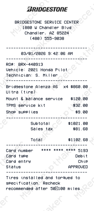 Bridgestone Receipt Example – Alenza Tires Installation (Sample)