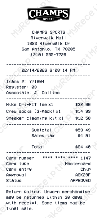Champs Sports Receipt