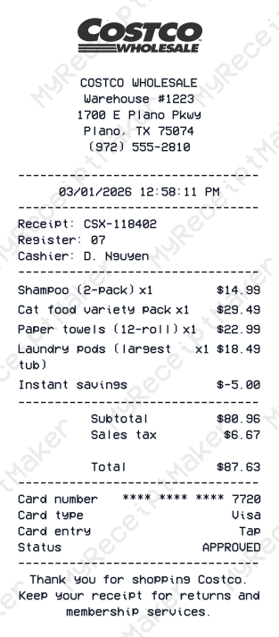 Costco Receipt Example – Household & Pet Supplies (Sample)