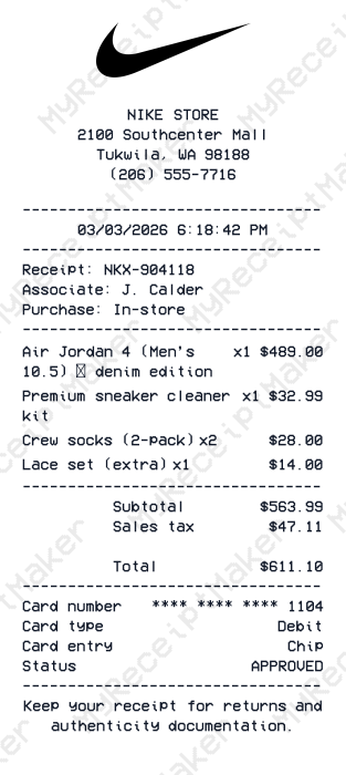 Nike Receipt Example – Jordan 4 Denim Pack (Sample)