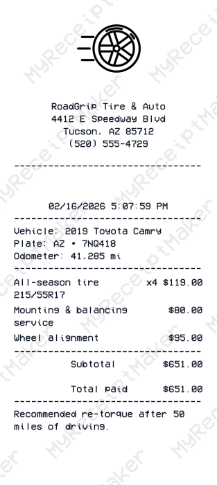 Tire Shop Receipt