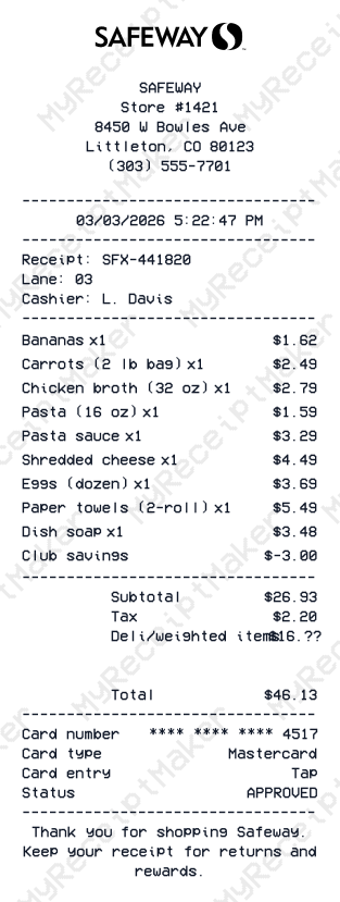 Safeway Receipt Example – Produce & Pantry Mix (Sample)