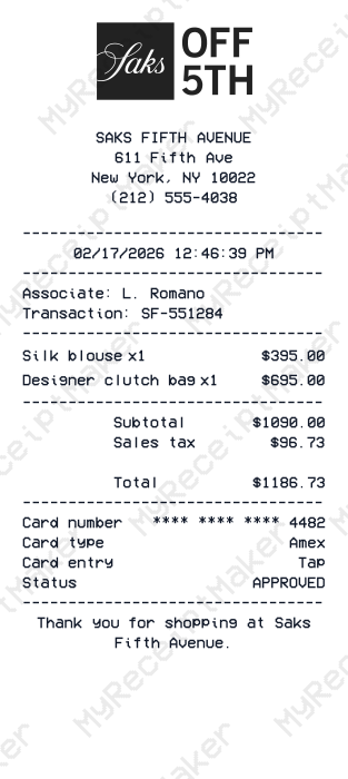 Saks Fifth Receipt