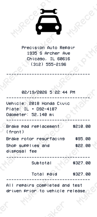 Mechanic Shop Receipt