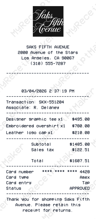 Saks Fifth Avenue Receipt Example – Designer Tees & Accessories (Sample)
