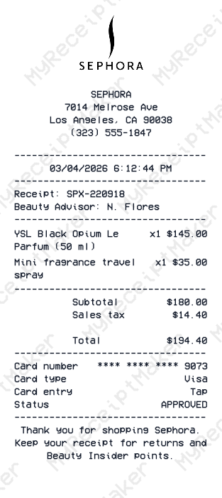 Sephora Receipt Example – YSL Fragrance & Beauty Add-ons (Sample)