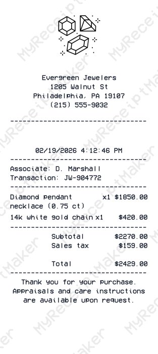 Jewelry Receipt