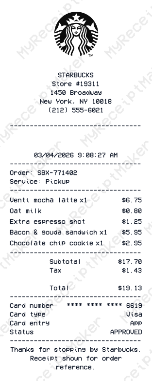 Starbucks Receipt Example – Mocha Latte With Add-ons (Sample)