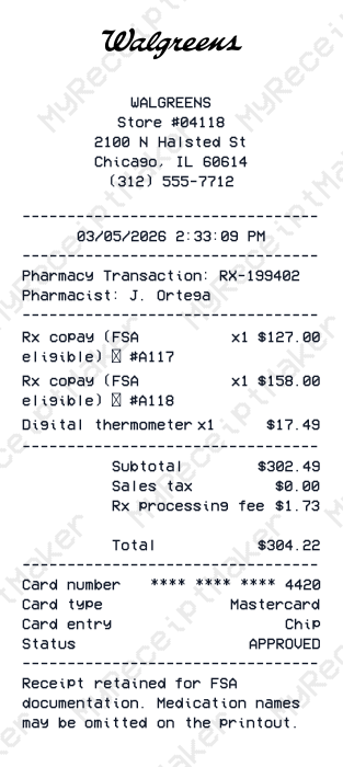 Walgreens Receipt Example – FSA Prescription Pickup (Sample)