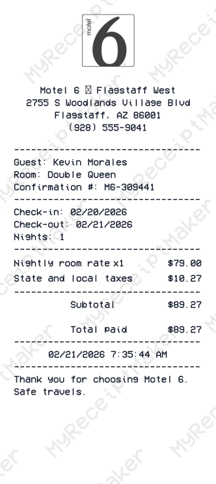 Motel 6 Receipt