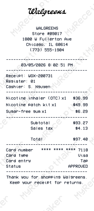 Walgreens Receipt Example – Smoking Cessation Products (Sample)