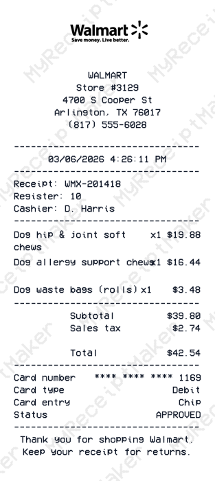 Walmart Receipt Example – Pet Supplements (Debit) (Sample)
