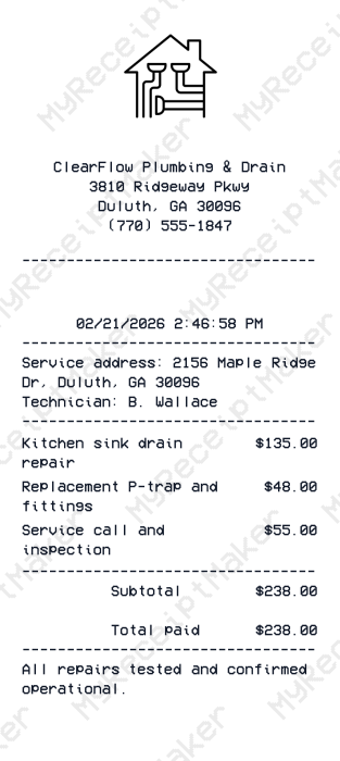 Plumbing Receipt
