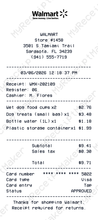 Walmart Receipt Example – Dog Food & Small Essentials (Sample)