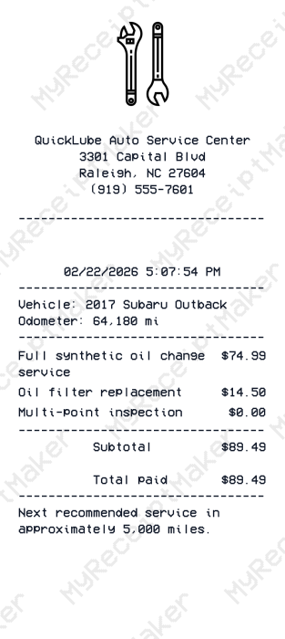 Oil Change Receipt