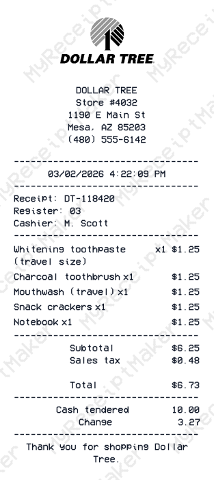 Dollar Tree Receipt Example – Dental Care Mini Haul (Sample)