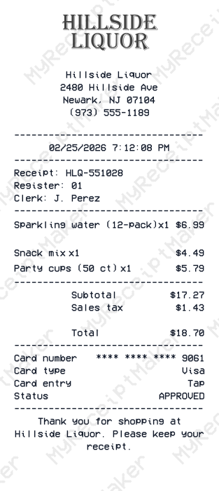Hillside Liquor Receipt