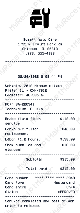 Car Repair Receipt