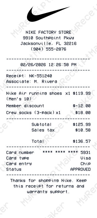 Nike Shoes Receipt