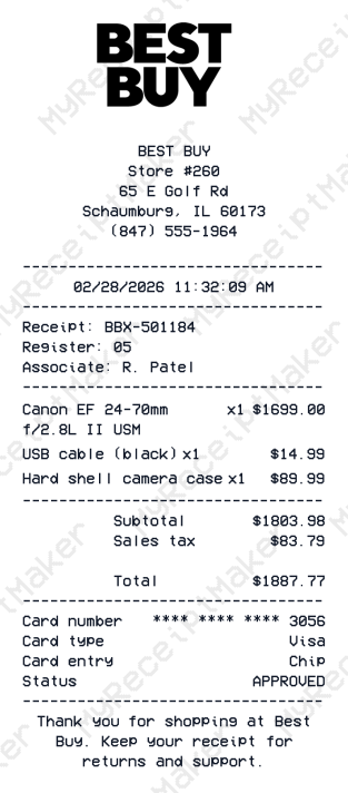 Best Buy Receipt Example – Canon Lens Bundle (Sample)