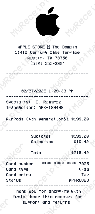 Apple Receipt Example – AirPods Purchase (4th Gen)
