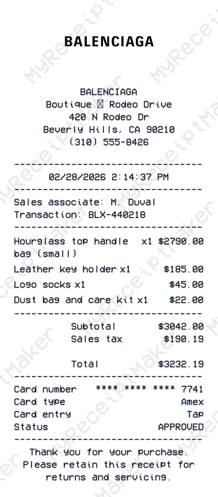 Balenciaga Receipt Example – Hourglass Bag Purchase (Sample)