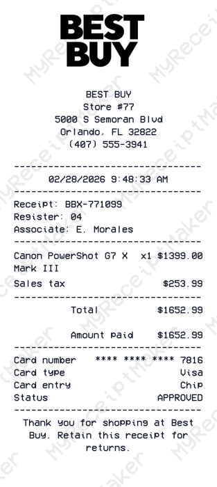 Best Buy Receipt Example – Canon PowerShot G7 X Mark III (Sample)