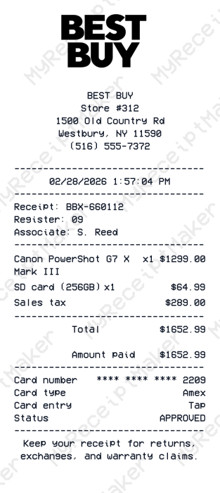 Best Buy Receipt Example – Canon PowerShot G7 X Mark III Kit (Sample)