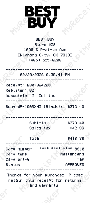 Best Buy Receipt Example – Sony WF-1000XM5 Earbuds (Sample)