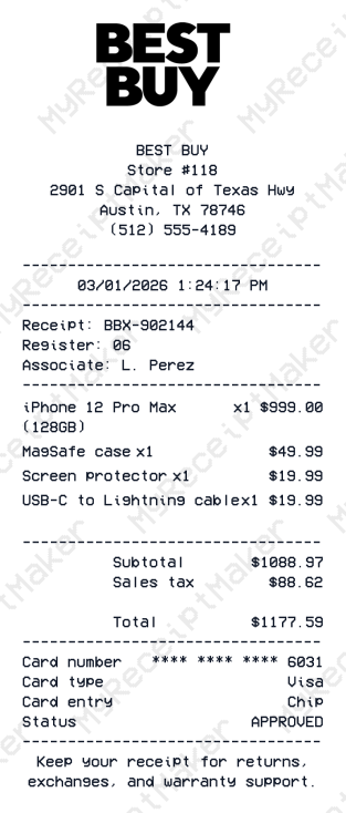 Best Buy Receipt Example – iPhone 12 Pro Max Bundle (Sample)