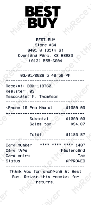 Best Buy Receipt Example – iPhone 16 Pro Max Purchase (Sample)