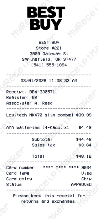 Best Buy Receipt Example – Logitech Keyboard & Mouse Set (Sample)