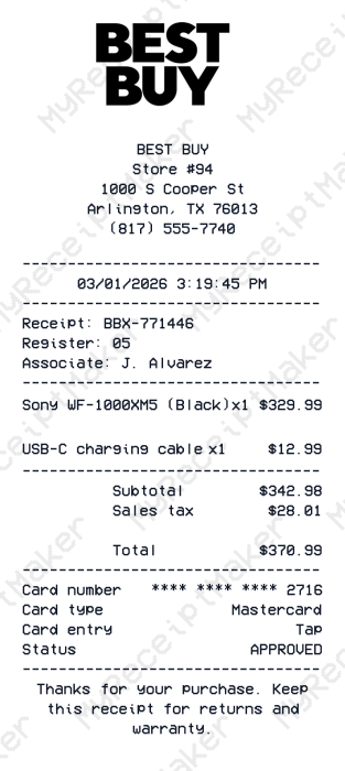 Best Buy Receipt Example – Sony WF-1000XM5 Earbuds Bundle (Sample)