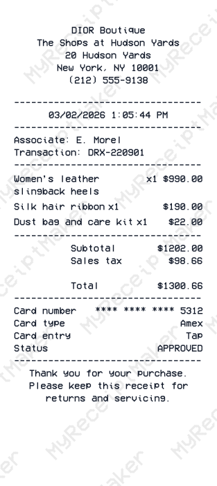 Dior Receipt Example – Women’s Shoes & Accessories (Sample)