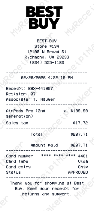Best Buy Receipt Example – AirPods Pro (2nd Gen) (Sample)