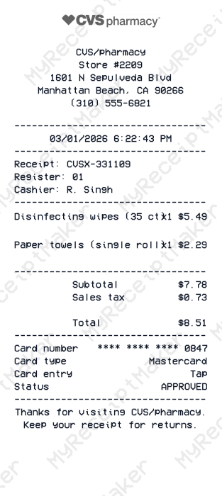 CVS Pharmacy Receipt Example – Cleaning Essentials (Sample)