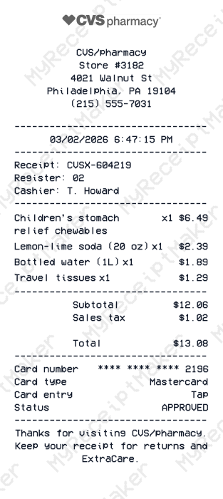 CVS Pharmacy Receipt Example – Kids Medicine & Drinks (Sample)