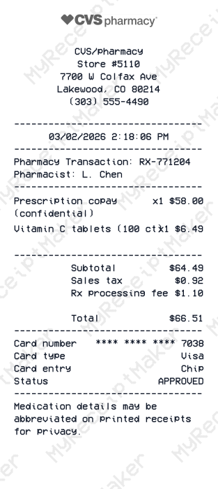 CVS Pharmacy Receipt Example – Prescription Pickup & OTC Item (Sample)