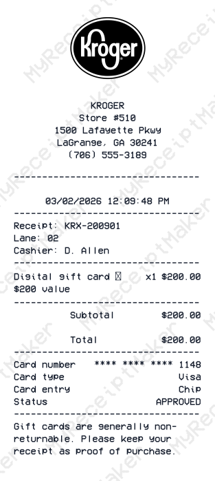 Kroger Receipt Example – $200 Digital Gift Card (Sample)