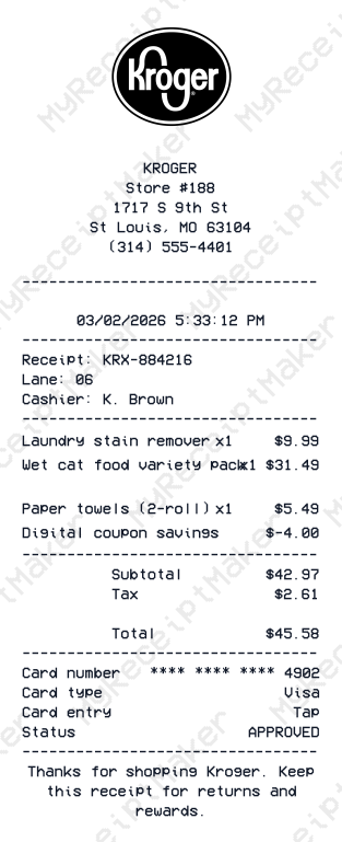 Kroger Receipt Example – Pet Supplies & Laundry Add-ons (Sample)